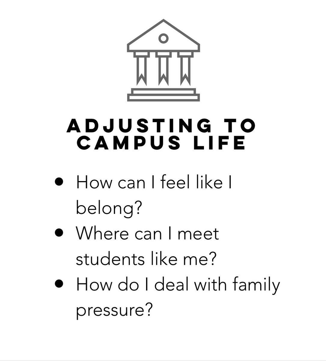Adjusting to campus life. How can I feel like I belong? Where can I meet students like me? How do I deal with family pressure?