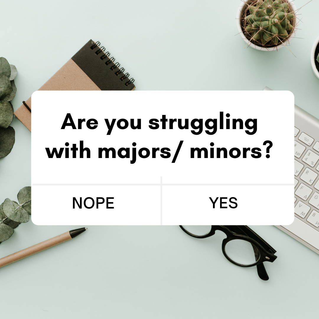 Image of a desk. Question: Are you struggling with majors/ minors? No or yes